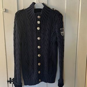 Escales Navy Cable Knit Cardigan with Silver Buttons